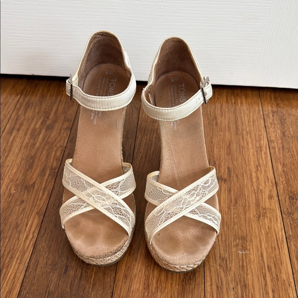 Toms Cream Wedges with Crisscross Straps